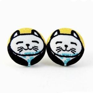Handmade Fabric Button Earrings Cute Cat Lucky Cat Smiling Cat Animal Jewelry